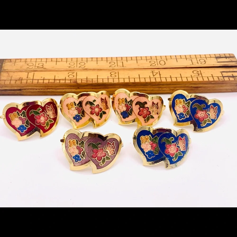 6 vintage scarf clips gold cloisonné 1980s NOS